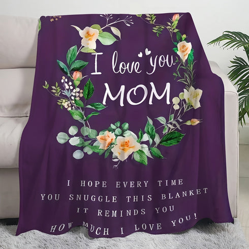 I Love You Mom Floral Print Flannel Blanket